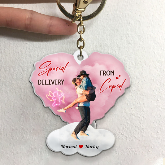 Special Delivery From Cupid, Personalized Upload Photo Keychain, Romantic Love Couple Gifts KO0012