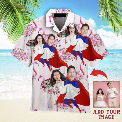 Funny Custom Face Beautiful Happy Wedding Couple Pink Flamingo Custom Hawaiian Shirt, Personalized Hawaiian Shirts, Custom Photo Hawaiian Shirt HO4224