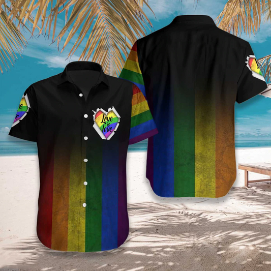 LGBT Aloha Hawaiian Shirts For Summer, Love Is Love Heart Colorful Rainbow LGBT Hawaiian Shirts HO3498