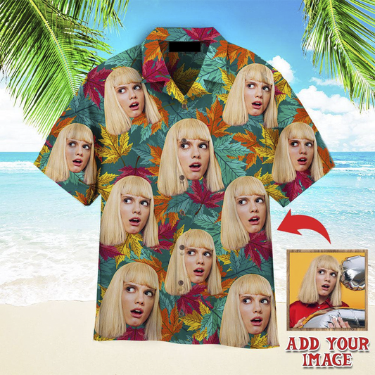 Funny Custom Face On Colorful Autumn Maple Leaves Custom Hawaiian Shirt, Personalized Hawaiian Shirts, Custom Photo Hawaiian Shirt HO4225