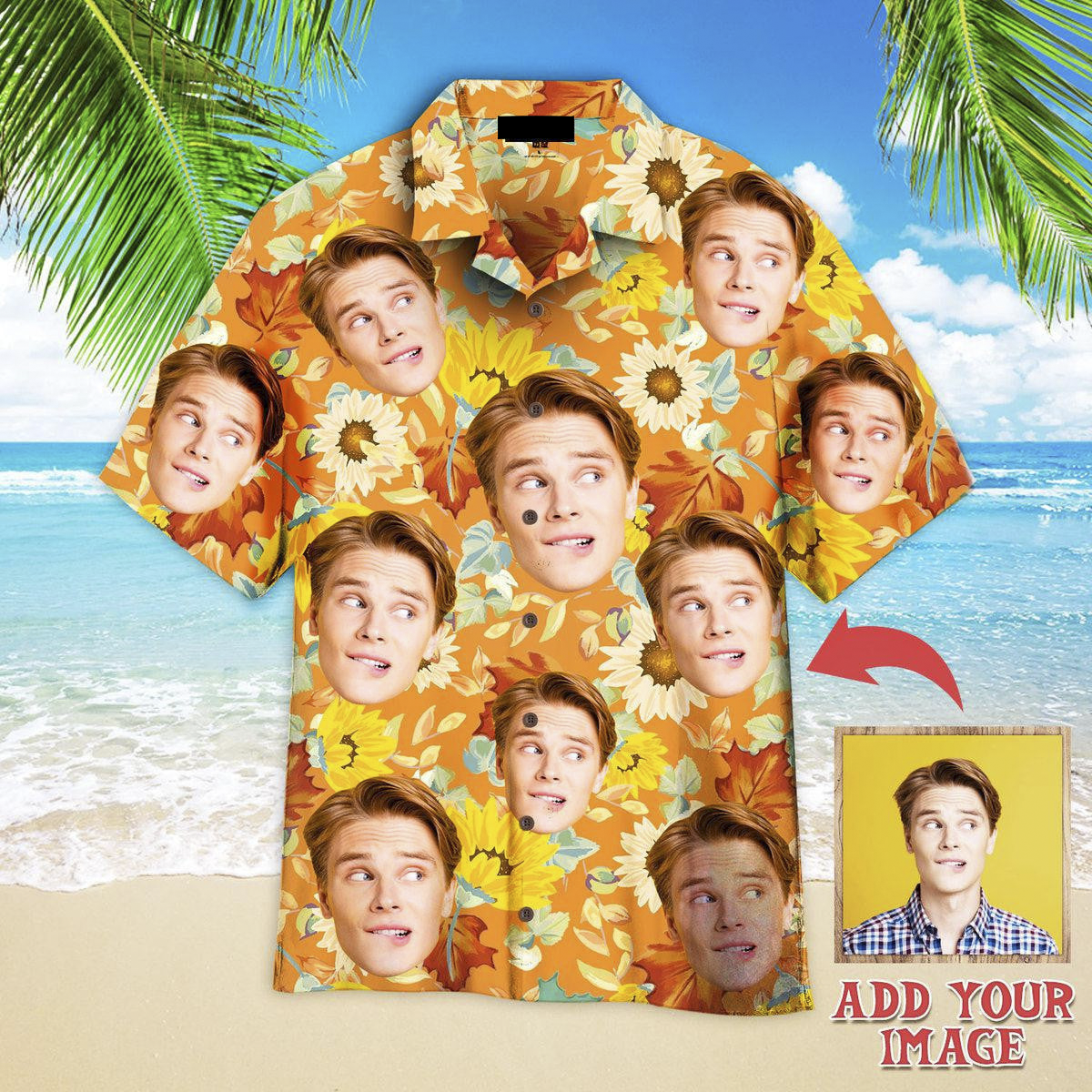 Custom Face On Orange Sunflowers Custom Hawaiian Shirt, Personalized Hawaiian Shirts, Custom Photo Hawaiian Shirt HO4221