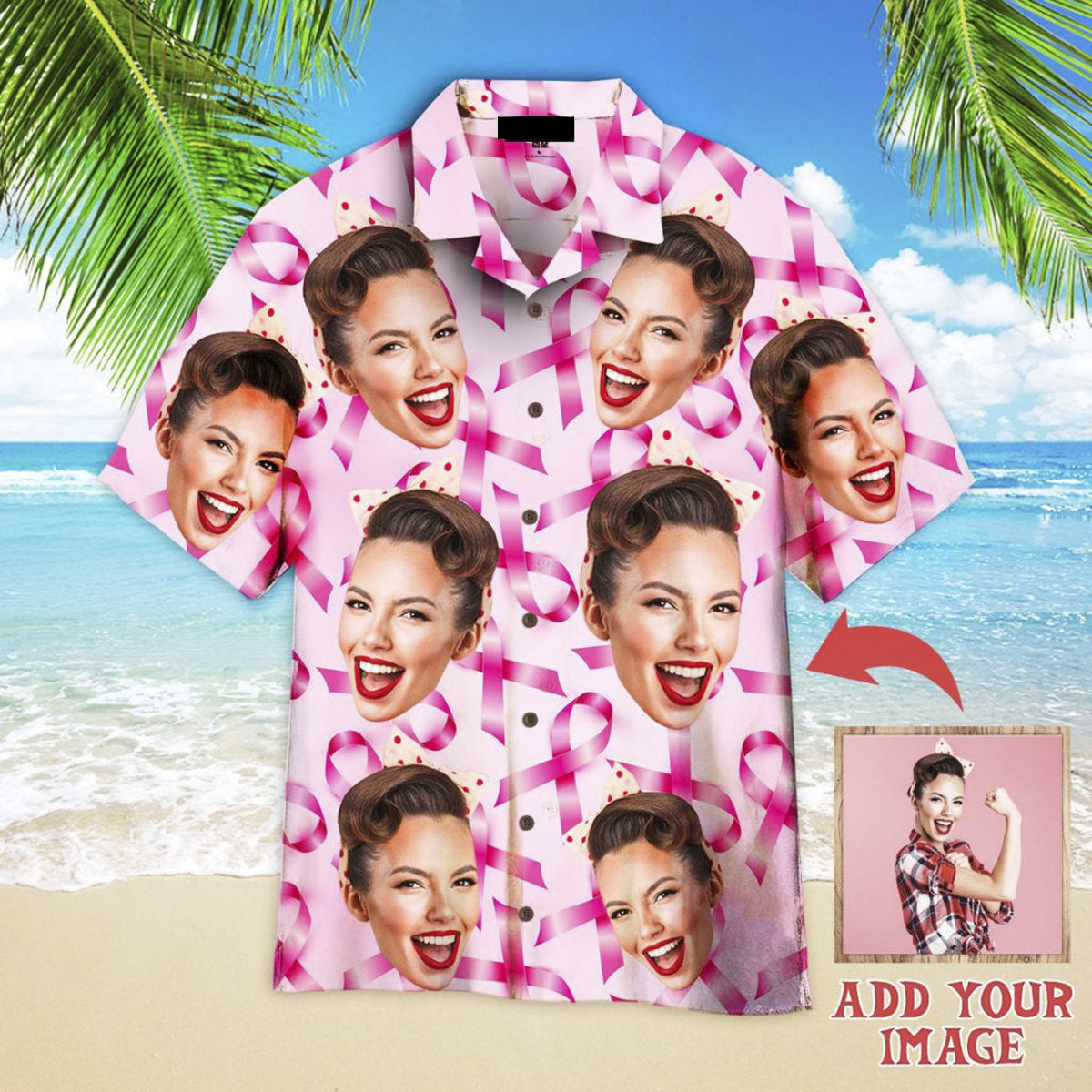 Custom Face On Breast Cancer Ribbons Awareness Custom Hawaiian Shirt, Personalized Hawaiian Shirts, Custom Photo Hawaiian Shirt HO4226