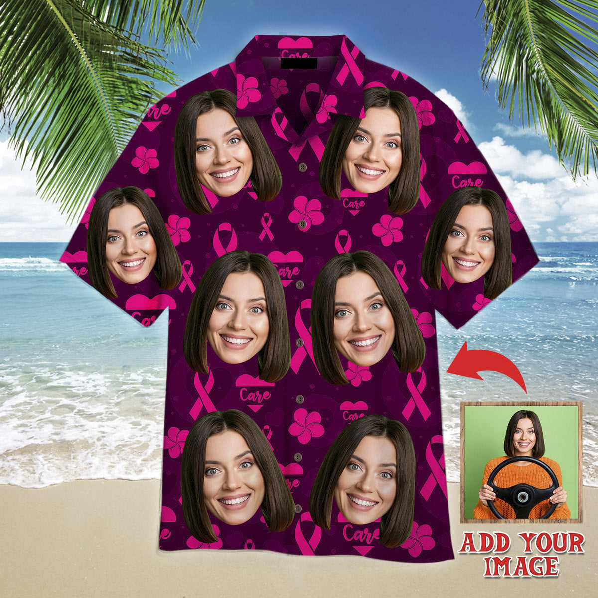 Custom Face On Breast Cancer Ribbons Awareness Custom Hawaiian Shirt, Personalized Hawaiian Shirts, Custom Photo Hawaiian Shirt HO4226