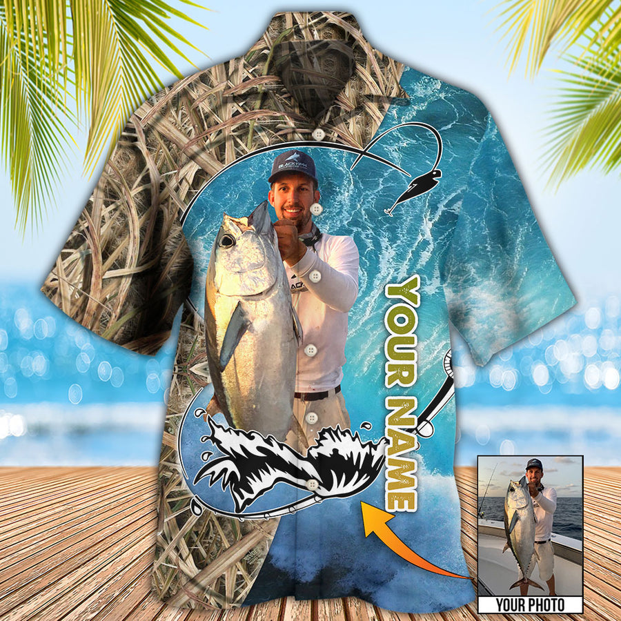 Fishing Blue Water Cool Custom Photo Personalized Hawaiian Shirt, Fishing Hobbies Hawaiian Shirt HO0324