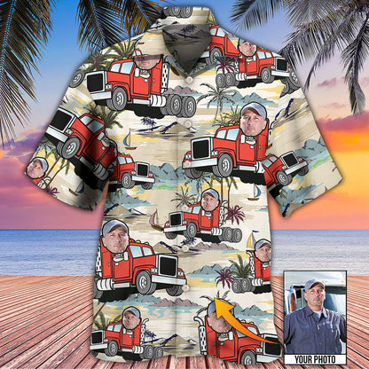 Truck Driver Tropical Beach Custom Face Photo Hawaiian Shirt, Perfect Gift for Men, Truck Driver Uniform Shirt HO4266