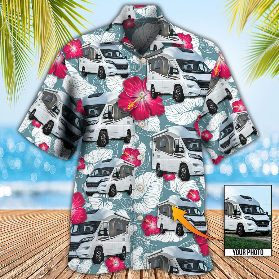 RV Camper Tropical Floral Pattern Custom Photo Hawaiian Shirt, Hawaiian Shirt for Men, Camping Shirt HO4259