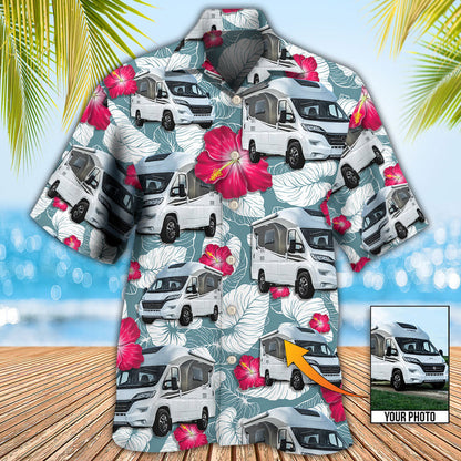 RV Camper Tropical Floral Pattern Custom Photo Hawaiian Shirt, Hawaiian Shirt for Men, Camping Shirt HO4259
