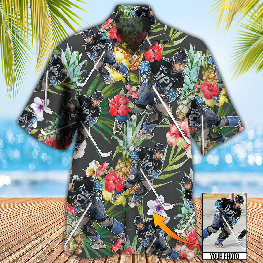 Hockey Tropical Flower Pineapple Pattern Custom Photo Hawaiian Shirt, Hockey Shirt, Summer Shirt HO4254