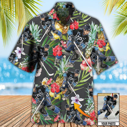 Hockey Tropical Flower Pineapple Pattern Custom Photo Hawaiian Shirt, Hockey Shirt, Summer Shirt HO4254