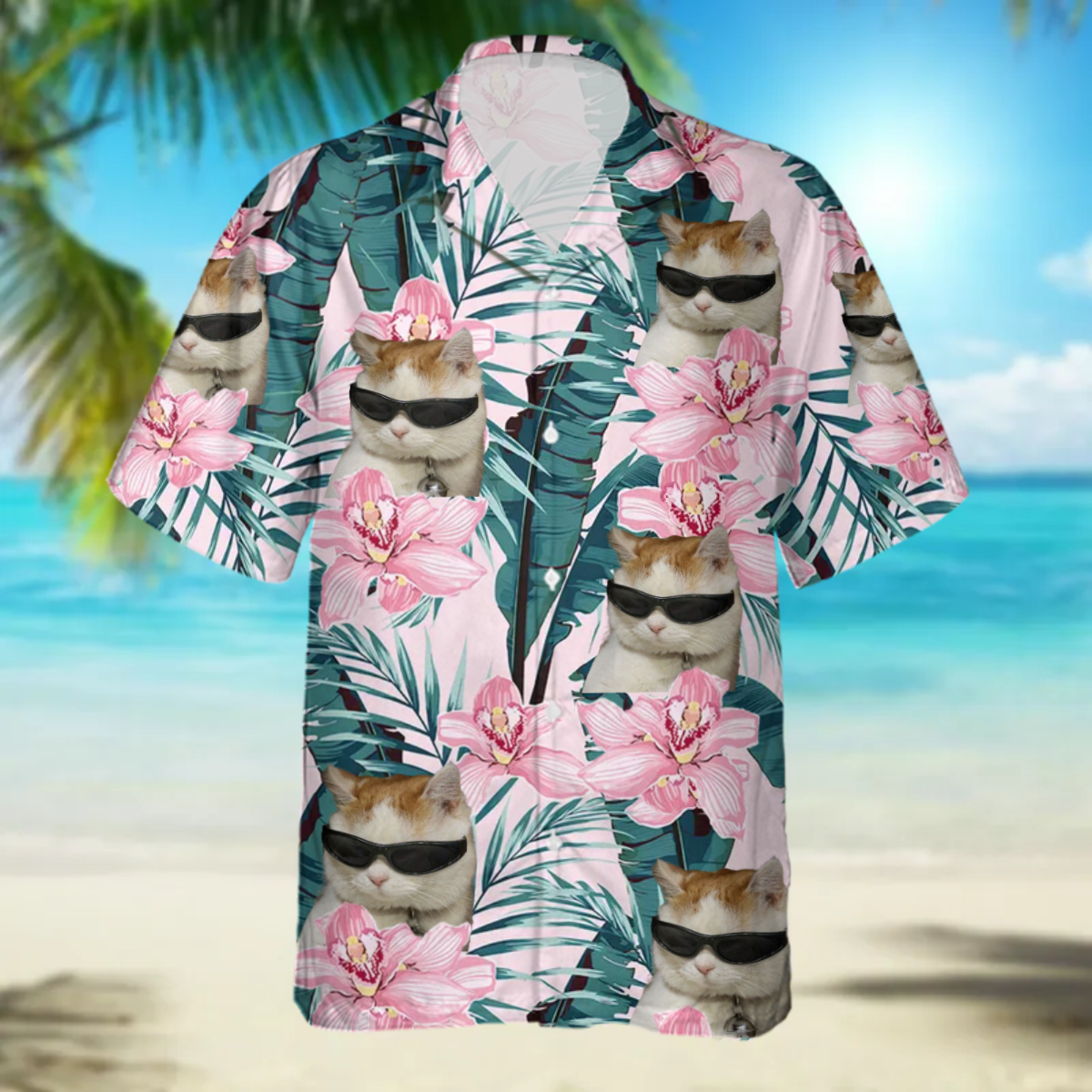 Custom Cat Photo floral Hawaiian Shirt, Summer Gift, Short Sleeve Aloha Beach Shirt, Cat Hawaiian Shirt for Men, Women HO4386