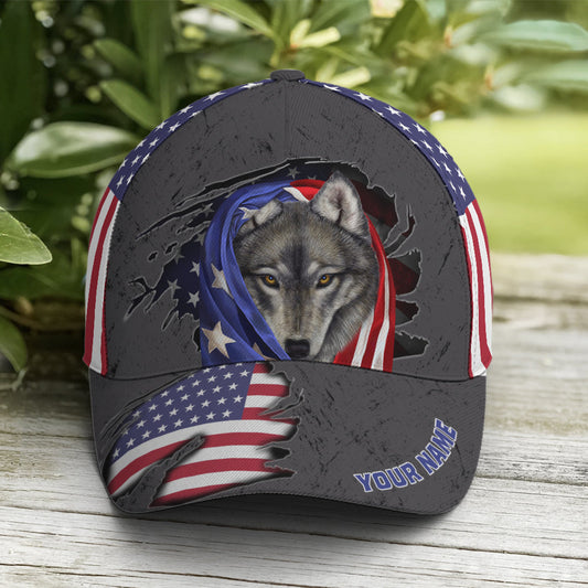 American Flag Grey Wolf Metal Style Baseball Cap Lasfour CO0688