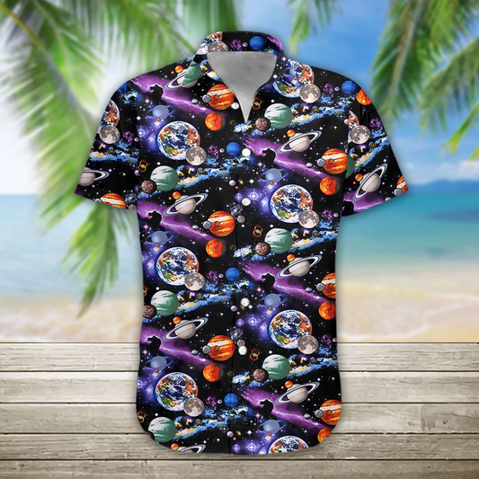 3D Planet Solar System Hawaiian Shirt, Hawaiian Shirts for Men Print Button Down Shirt HO1084