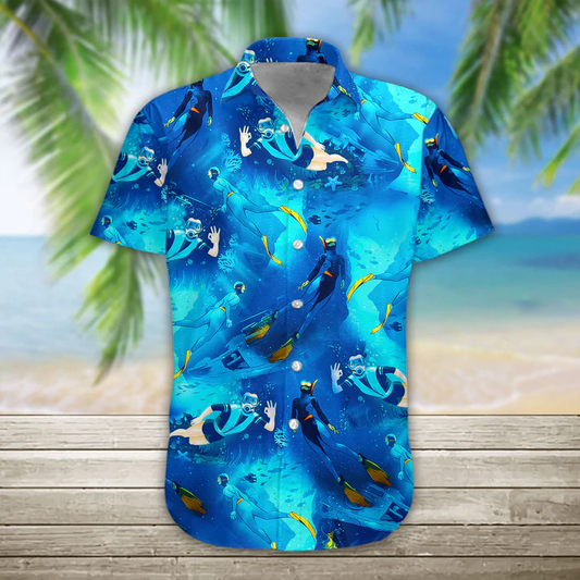 3D Freediving Hawaii Shirt, Hawaiian Shirts for Men Print Button Down Shirt HO1083