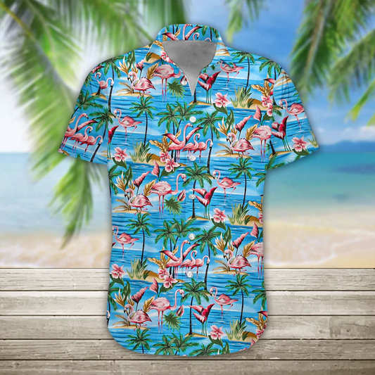 Mens Hawaiian Shirt Flamingos Casual Short Sleeve Button Down Shirts Aloha Shirt HO1076