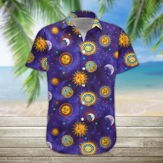 3D Sun And Moon Hippie Hawaii Shirt, Hawaiian Shirts for Men Print Button Down Shirt HO1082