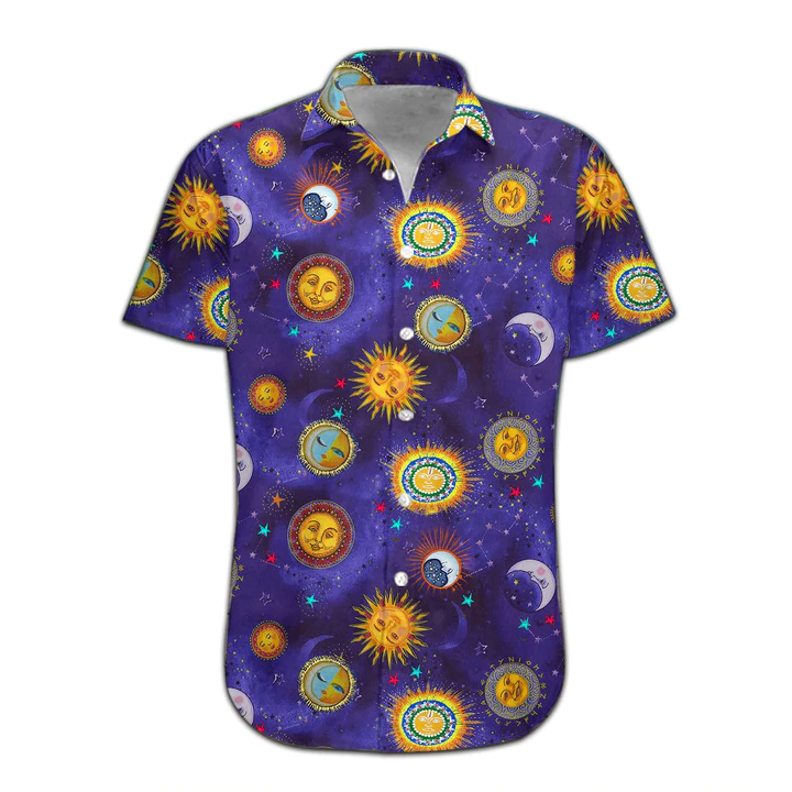 3D Sun And Moon Hippie Hawaii Shirt, Hawaiian Shirts for Men Print Button Down Shirt HO1082