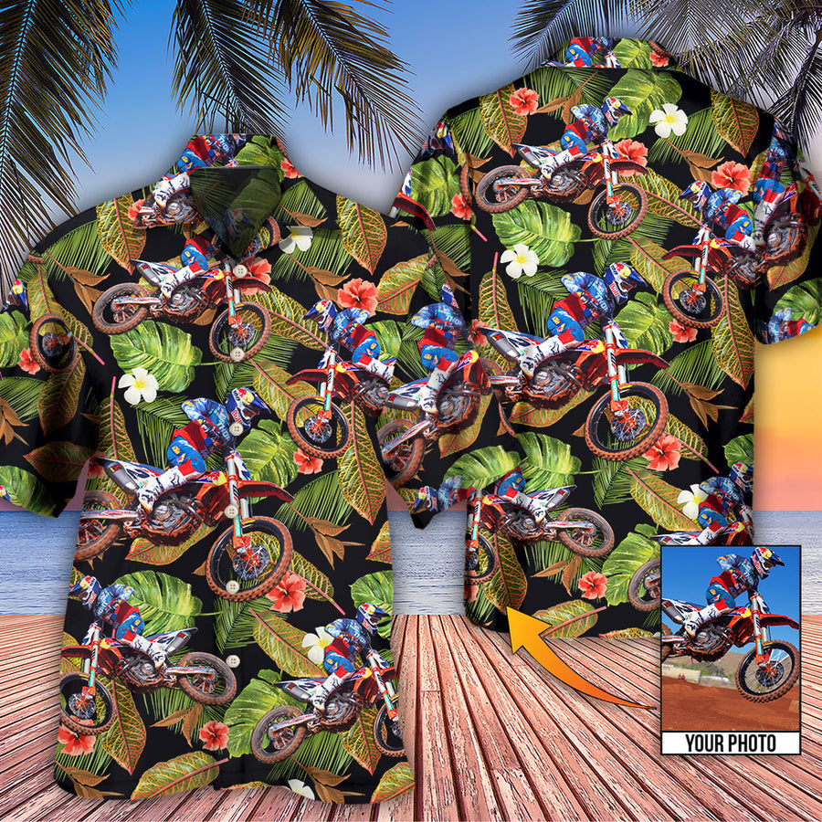 Motocross Tropical Flower Custom Photo - Hawaiian Shirt, Gift for Men, Motocross Hawaiian Shirt HO4256