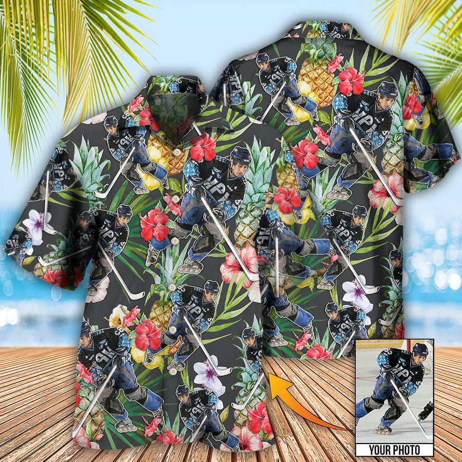 Hockey Tropical Flower Pineapple Pattern Custom Photo Hawaiian Shirt, Hockey Shirt, Summer Shirt HO4254