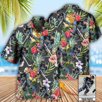 Hockey Tropical Flower Pineapple Pattern Custom Photo Hawaiian Shirt, Hockey Shirt, Summer Shirt HO4254