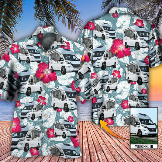 RV Camper Tropical Floral Pattern Custom Photo Hawaiian Shirt, Hawaiian Shirt for Men, Camping Shirt HO4259