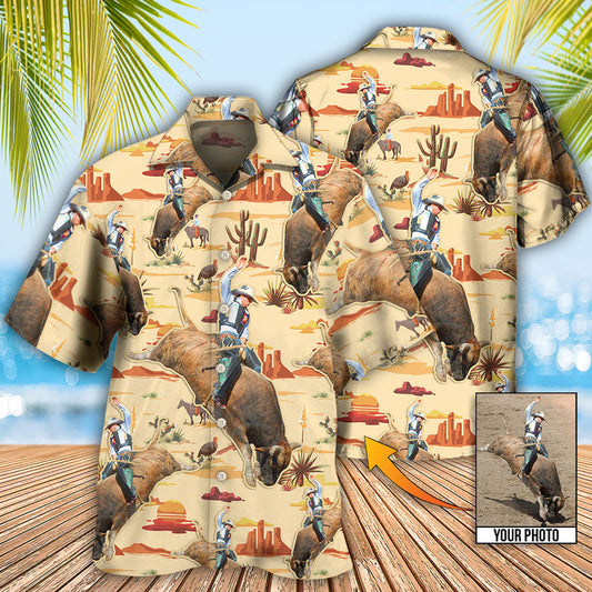 Cowboy Bull Riding Tropical Custom Photo Hawaiian Shirt, Personalized Hawaiian Shirt, Cowboy Shirt HO0038