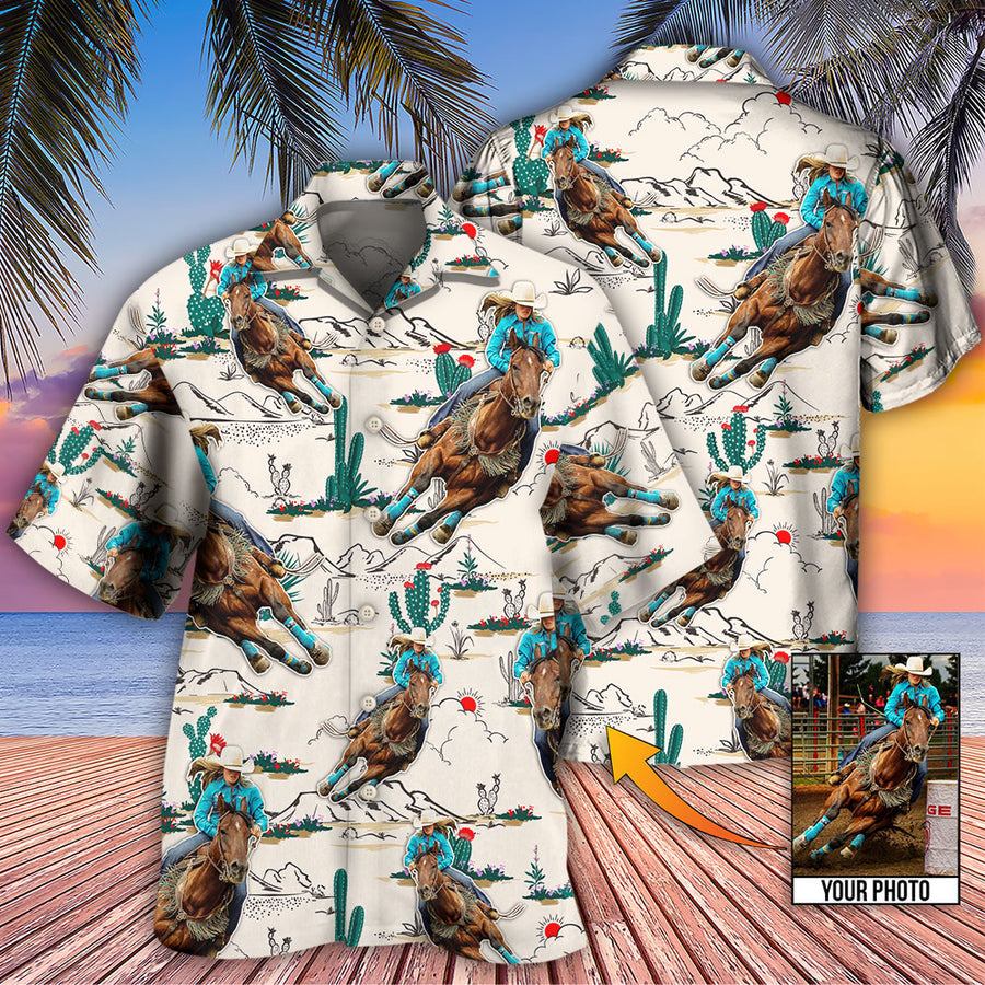 Cowboy Barrel Racing Tropical Desert Custom Photo Hawaiian Shirt, Perfect Gift for Men Women, Horse Shirt HO4248