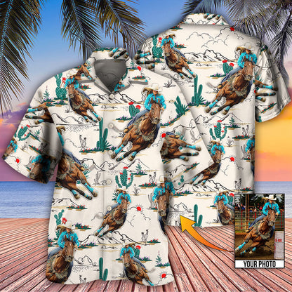 Cowboy Barrel Racing Tropical Desert Custom Photo Hawaiian Shirt, Perfect Gift for Men Women, Horse Shirt HO4248