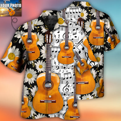 Custom Photo Guitar Daisy White Pattern All Over Print Hawaiian Shirt, Musician Shirt, Guitar Shirt HO4239