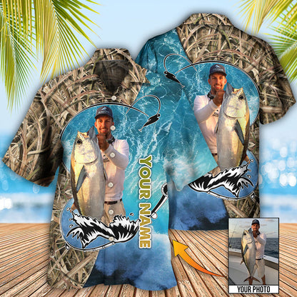Fishing Blue Water Cool Custom Photo Personalized Hawaiian Shirt, Fishing Hobbies Hawaiian Shirt HO0324