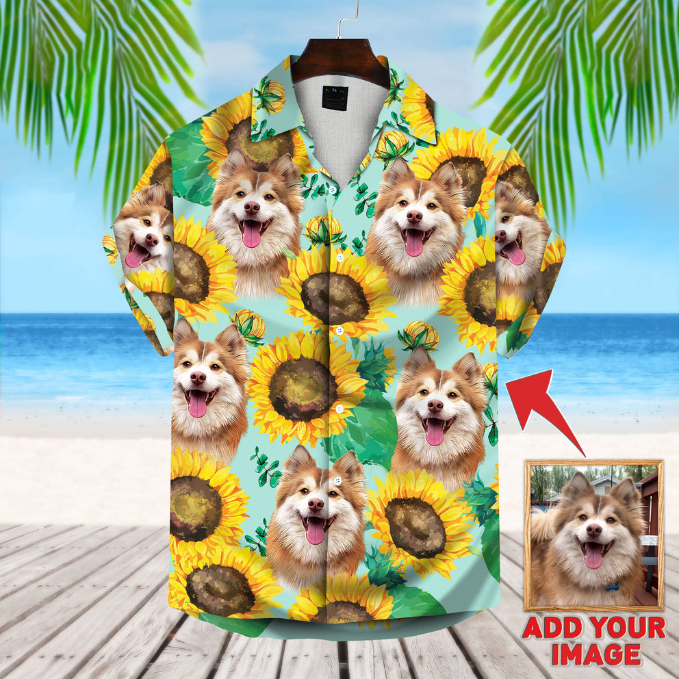 Custom Photo Dog Sunflower & Green Pattern Short-Sleeve Hawaiian Shirt, Perfect Shirt for Dog Lovers HO4378