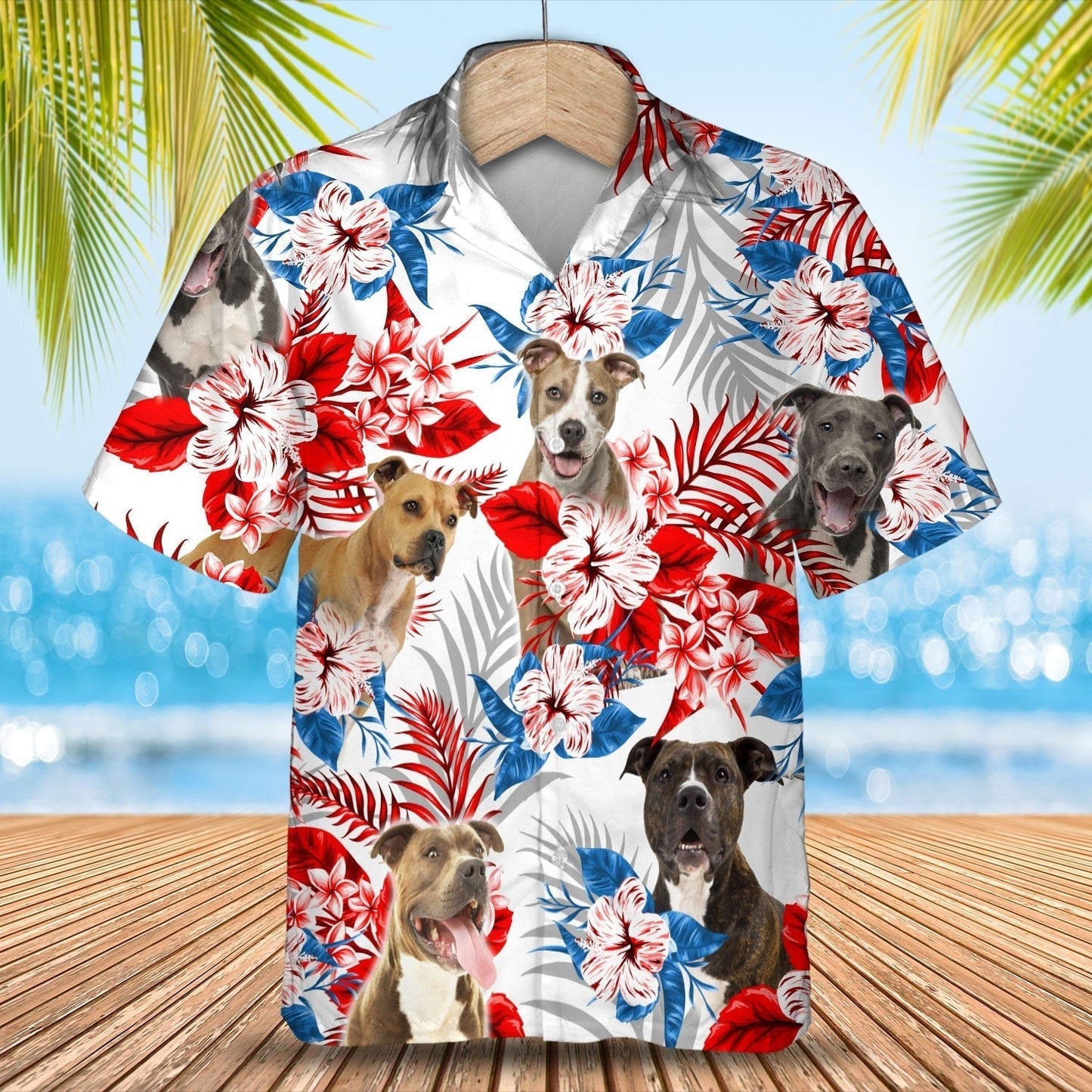 American Staffordshire Terrier Hawaiian Shirt, Short Sleeve Flower Dog Aloha Beach Shirts For Summer Day HO4926