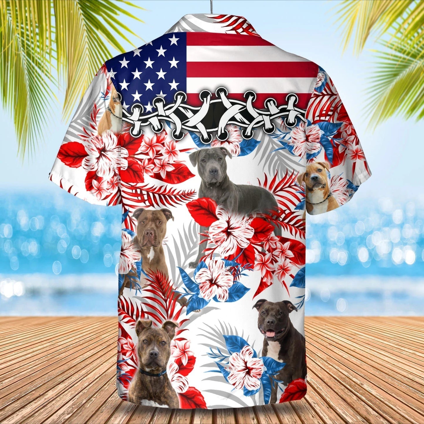Pitbull flower American flag Hawaiian Shirt, Summer aloha shirt, Men Hawaiian shirt, Gift for summer HO0807
