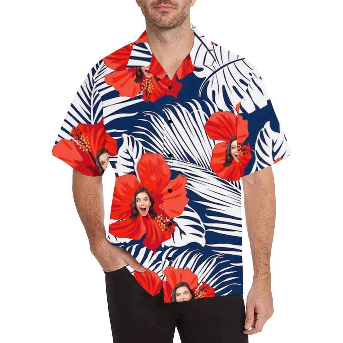 Custom Face Hawaiian Shirt Red Flower Leaves Aloha Shirts for Boyfriend/Husband Birthday Vacation Party Gift HO4343