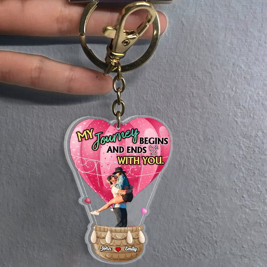 My Journey Begins And Ends With You, Couple Gift, Personalized Photo Keychain, Kissing Couple Hot Air Balloon Keychain KO0015