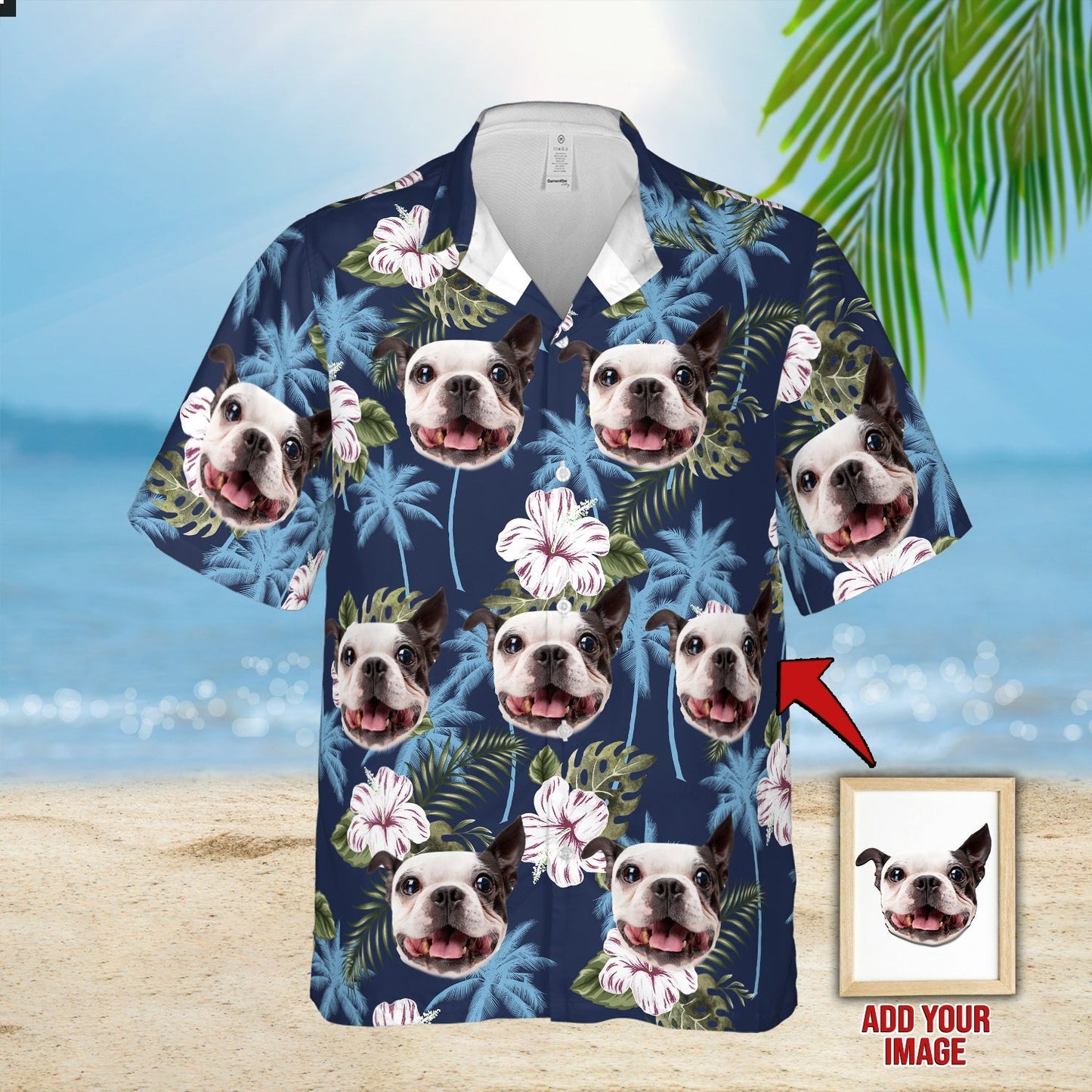 Custom Image Dog Blue Palm Tree and Flower Pattern Hawaiian Shirt, Gift for Dog Lovers HO4380
