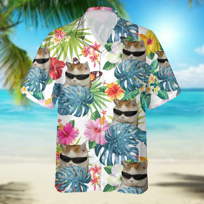 Custom Cat Photo floral Hawaiian Shirt, Summer Gift, Short Sleeve Aloha Beach Shirt, Cat Hawaiian Shirt for Men, Women HO4386