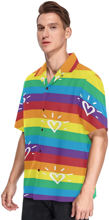 Rainbow Lgbt Striped Flag Men's Hawaiian Shirt Short Sleeves Button Down Aloha Shirts Beach HO4538