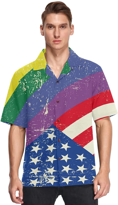 Lgbt Rainbow Men's Hawaiian Shirt American Flag Background, Short Sleeves Button Down Aloha Shirts Beach For Ally HO4588