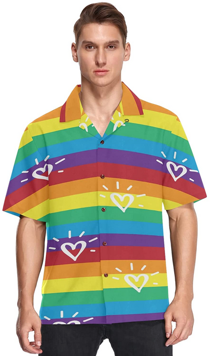Rainbow Lgbt Striped Flag Men's Hawaiian Shirt Short Sleeves Button Down Aloha Shirts Beach HO4538