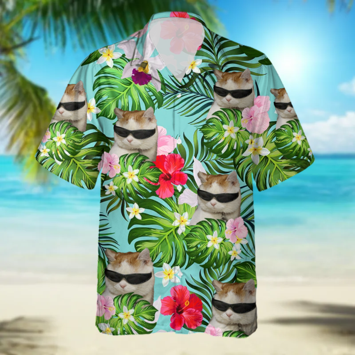 Custom Cat Photo floral Hawaiian Shirt, Summer Gift, Short Sleeve Aloha Beach Shirt, Cat Hawaiian Shirt for Men, Women HO4386