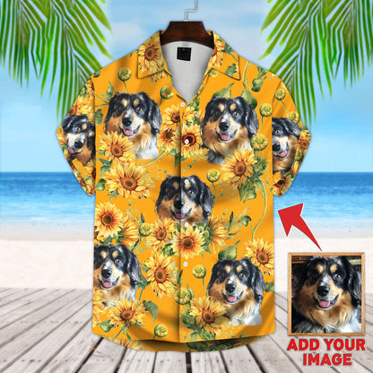 Custom Photo Dog Sunflower & Green Pattern Short-Sleeve Hawaiian Shirt, Perfect Shirt for Dog Lovers HO4378