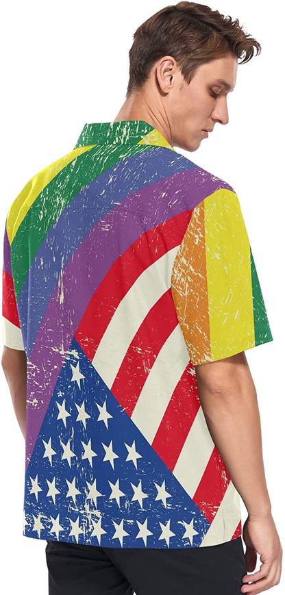 Lgbt Rainbow Men's Hawaiian Shirt American Flag Background, Short Sleeves Button Down Aloha Shirts Beach For Ally HO4588