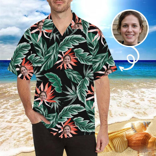Custom Face Hawaiian Shirt Red Flower Leaves Aloha Shirts for Boyfriend/Husband Birthday Vacation Party Gift HO4343