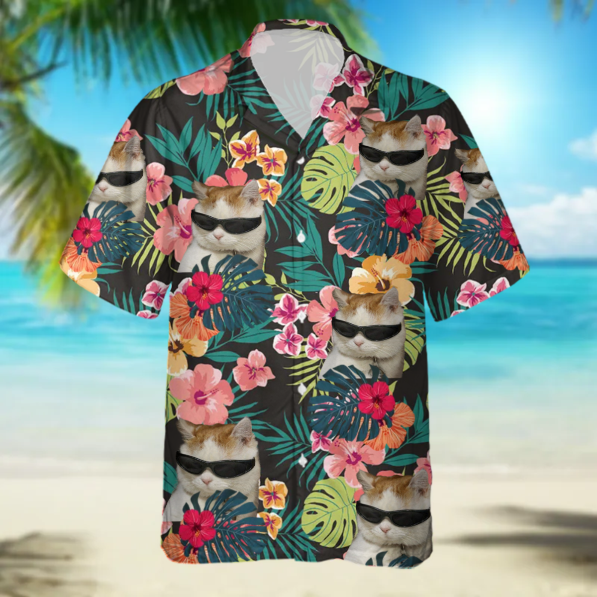 Custom Cat Photo floral Hawaiian Shirt, Summer Gift, Short Sleeve Aloha Beach Shirt, Cat Hawaiian Shirt for Men, Women HO4386