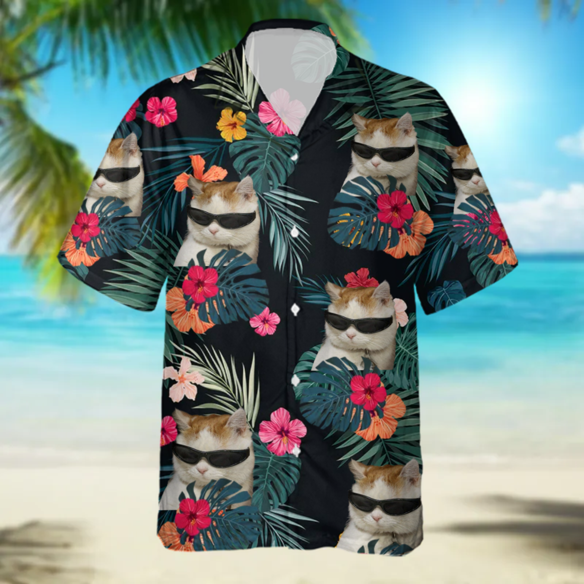 Custom Cat Photo floral Hawaiian Shirt, Summer Gift, Short Sleeve Aloha Beach Shirt, Cat Hawaiian Shirt for Men, Women HO4386