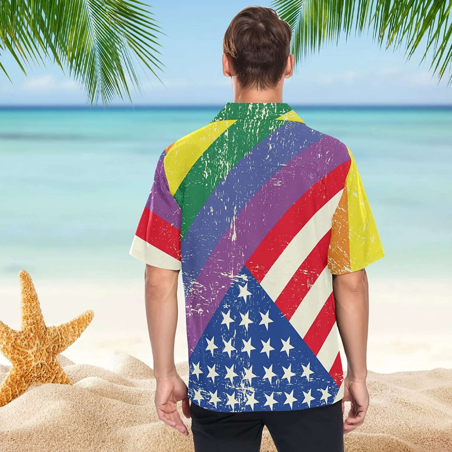 Lgbt Rainbow Men's Hawaiian Shirt American Flag Background, Short Sleeves Button Down Aloha Shirts Beach For Ally HO4588