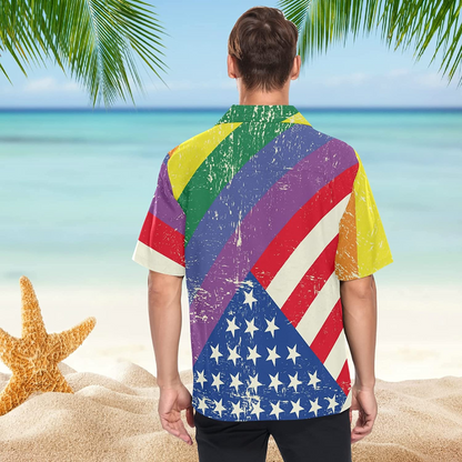 Lgbt Rainbow Men's Hawaiian Shirt American Flag Background, Short Sleeves Button Down Aloha Shirts Beach For Ally HO4588