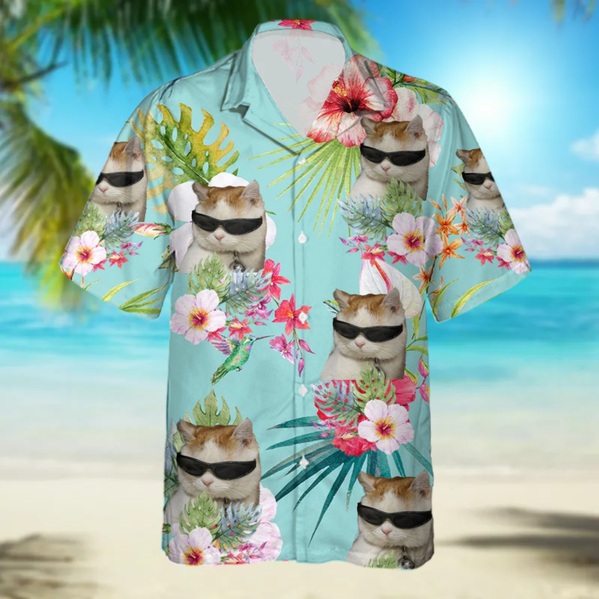 Custom Cat Photo floral Hawaiian Shirt, Summer Gift, Short Sleeve Aloha Beach Shirt, Cat Hawaiian Shirt for Men, Women HO4386