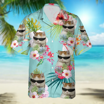 Custom Cat Photo floral Hawaiian Shirt, Summer Gift, Short Sleeve Aloha Beach Shirt, Cat Hawaiian Shirt for Men, Women HO4386