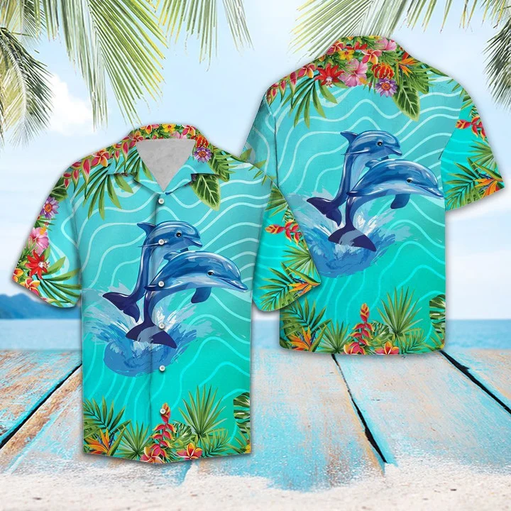 A Couple Of Dolphin Love Summer Vacation Themed Pattern Hawaiian Shirt HO1415
